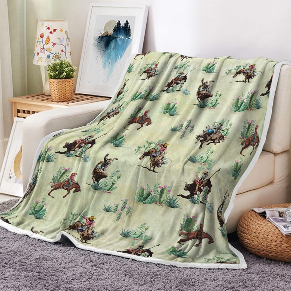 Western Cowboy Throw Blankets For Boys, Vintage Cowboy Ride Horse Western Theme Cozy Bed Couch Flannel Blanket, Desert Cactus Wi