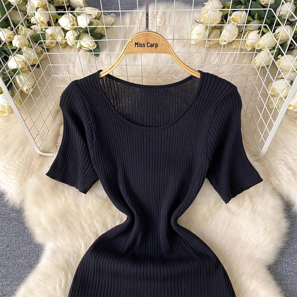 Francuska Sukienka Letnia Damska High-End z Dzianiny Jedwabiu Lodowego z Siateczkowymi Wstawkami: Spódnica A-line średniej długości podkreślająca talię