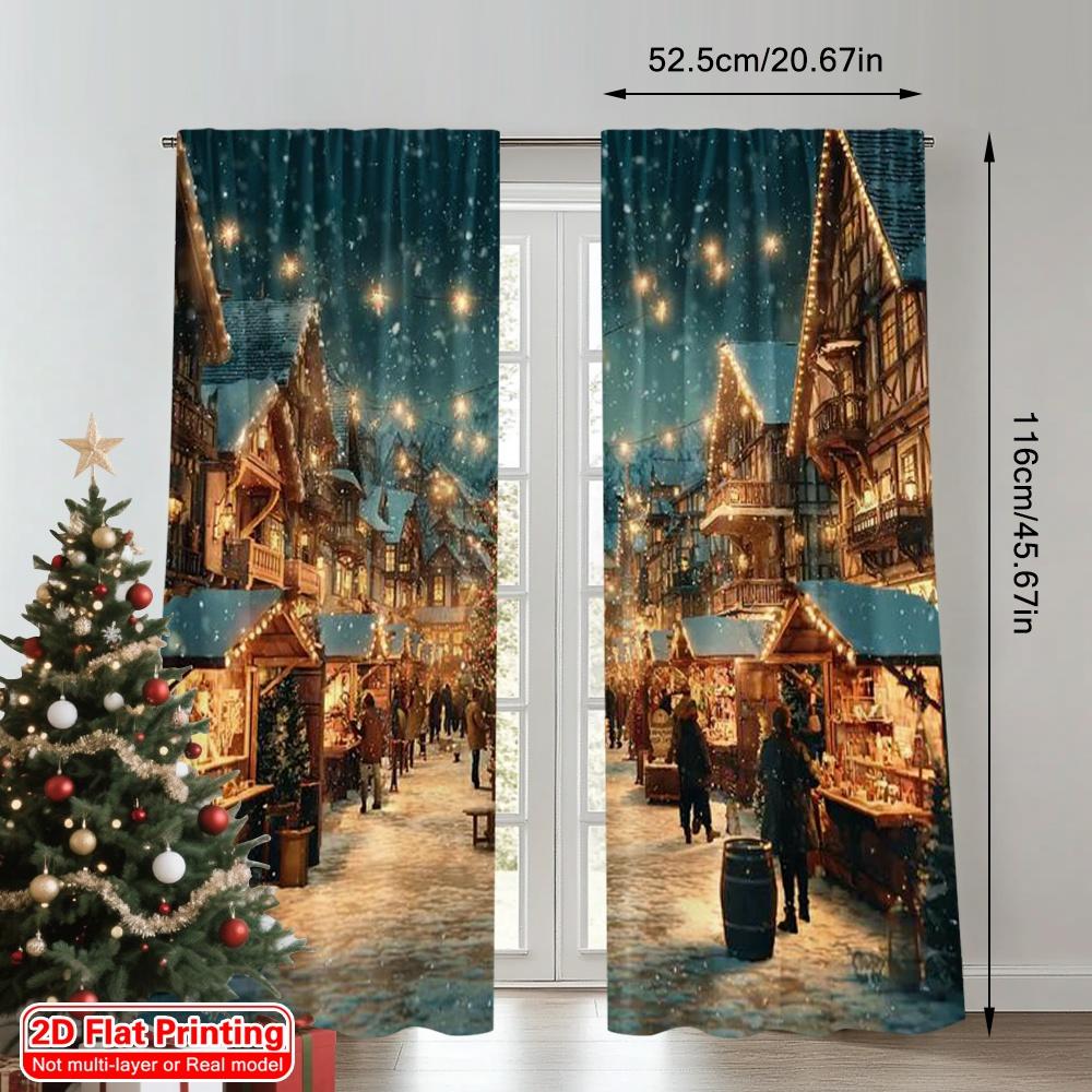 2pcs 2D flat printing Merry Christmas Curtain Christmas Market Night View Versatile Polyester Fabric Without Electricity Family