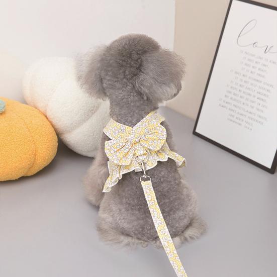 Yousheng Pet Dress Breathable Ruffle Trim Polyester Fashion Bowknot Floral Printing Puppy Dress Harness for Outdoors