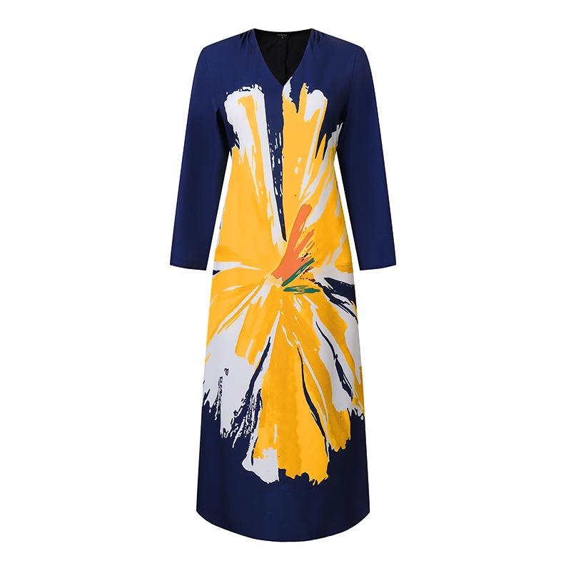 Women Plus Size V-Neck Long Sleeve Printed Dress