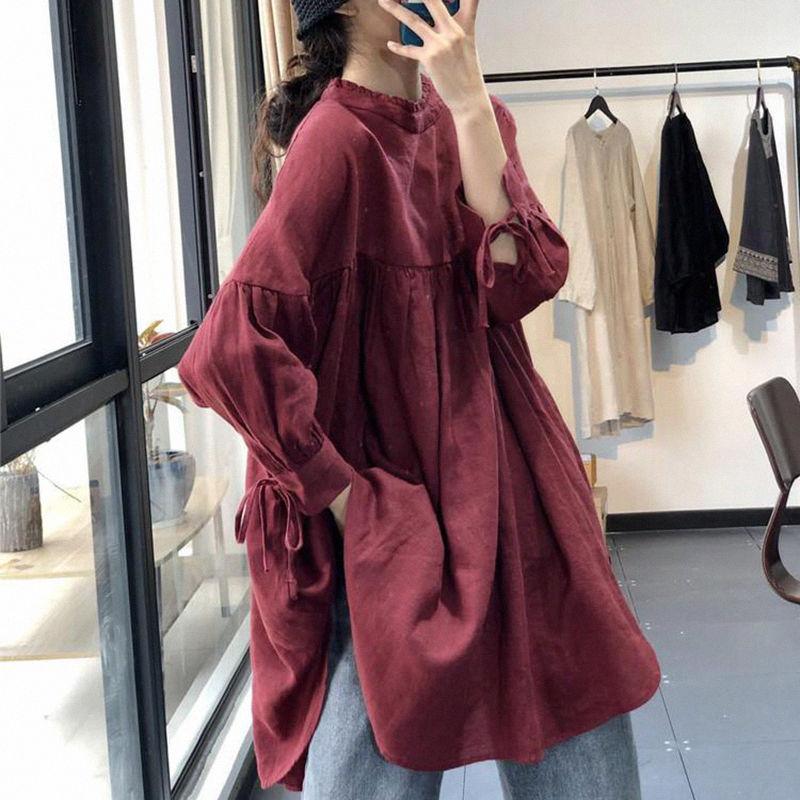 

Женские японские винтажные рубашки оверсайз на шнуровке, осенние блузки-туники с воротником-стойкой и неровным низом, однотонные топы с длинным рукавом из хлопка и льна One Size красный