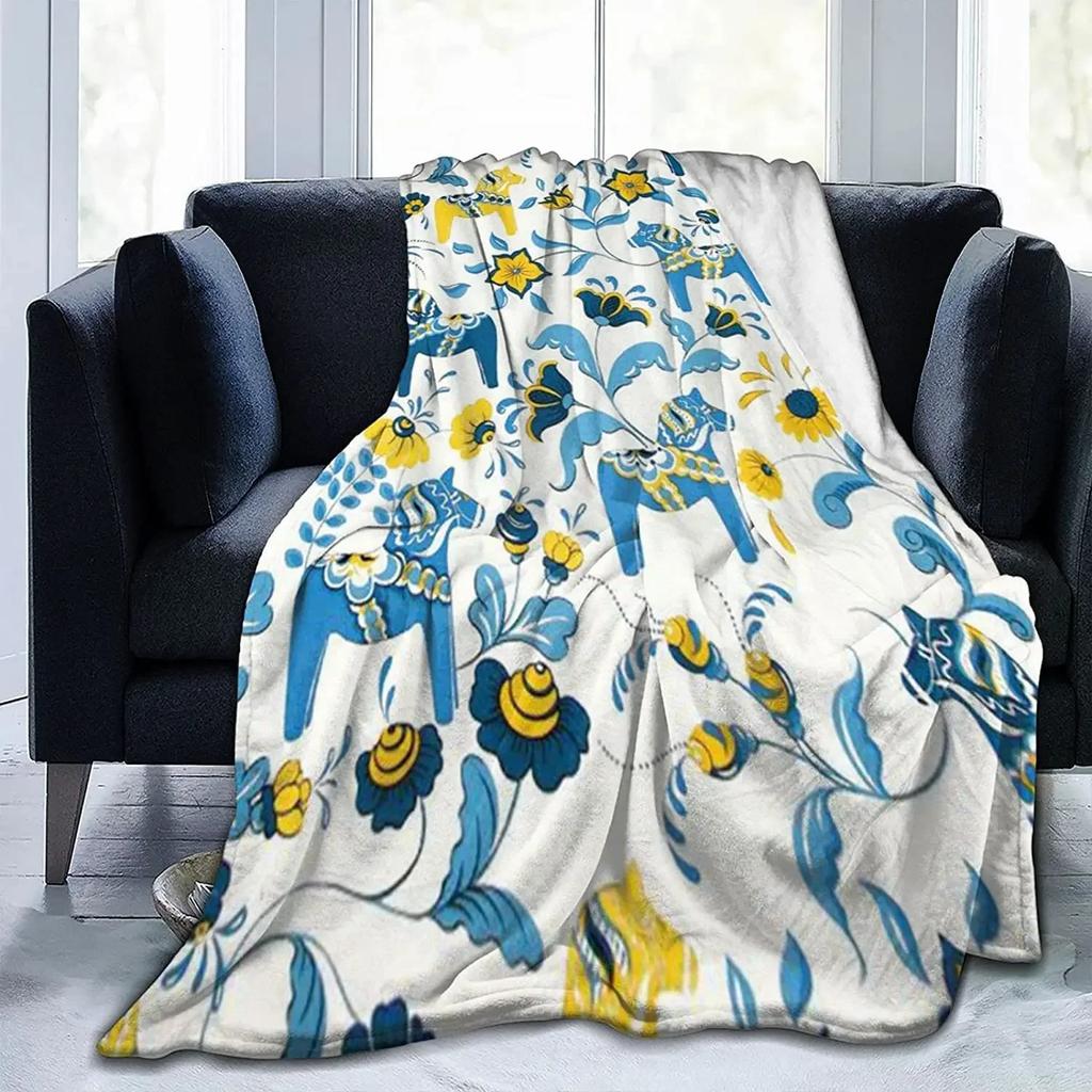 Flannel Fleece Throw Blanket for Couch, Floral Swedish Dala Horses Lightweight Plush Fuzzy Cozy Soft Blankets Throws Bed Sofa