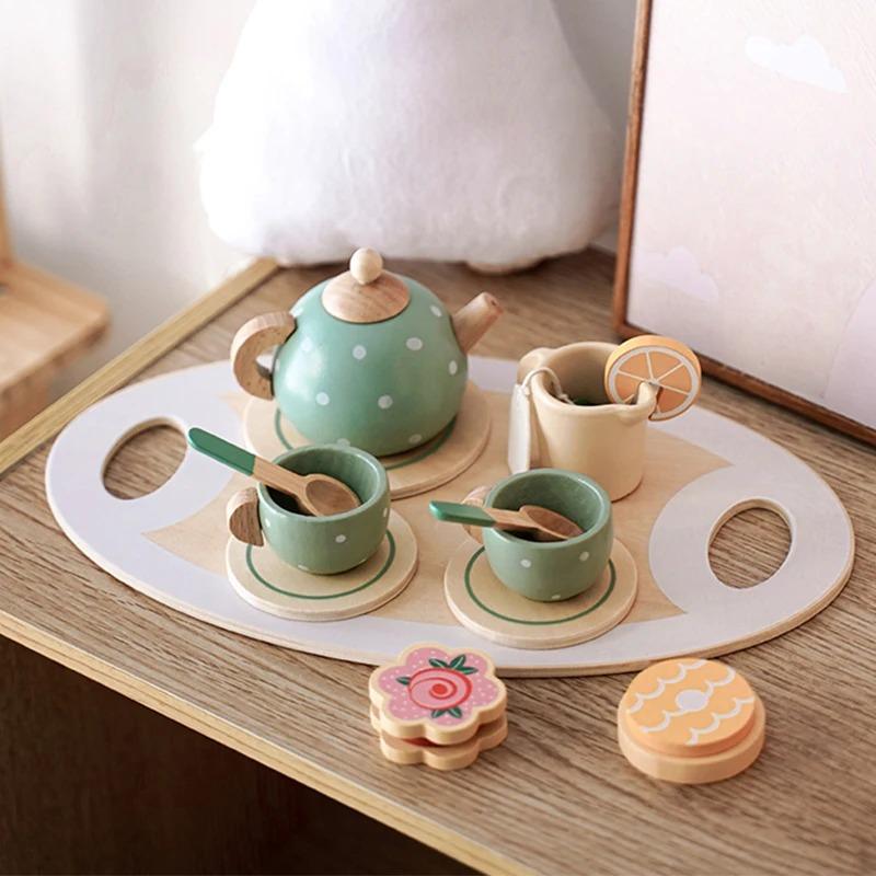 Wooden Tea Set Toys Pretend Play Kitchen Accessories for Kids Food Afternoon Tea Role Play Game for Toddlers Girls Boys Gifts