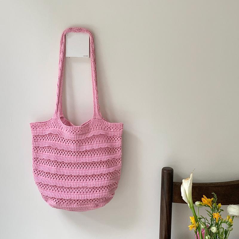 

Korean Style Wave Knitting Shoulder Tote Bag, Vintage Chic Handmade Crochet Knit Bag, Casual Vacation Beach Handbag for Women CLE розовый
