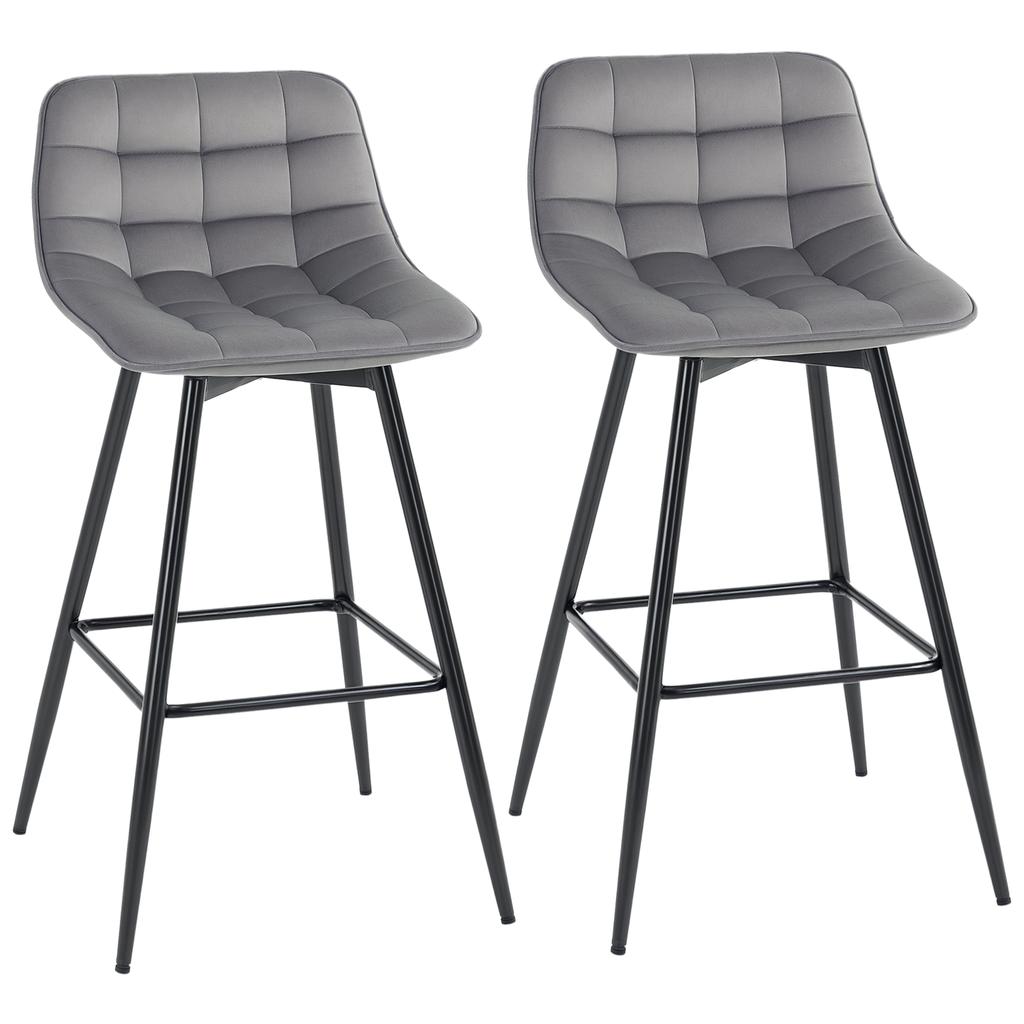 Set of 2 Tall Stools In Nordic Style with Backrest and Footrest, Stools with Backrest In Velvet Effect Fabric and Metal, 45x47x88 Cm, Grey