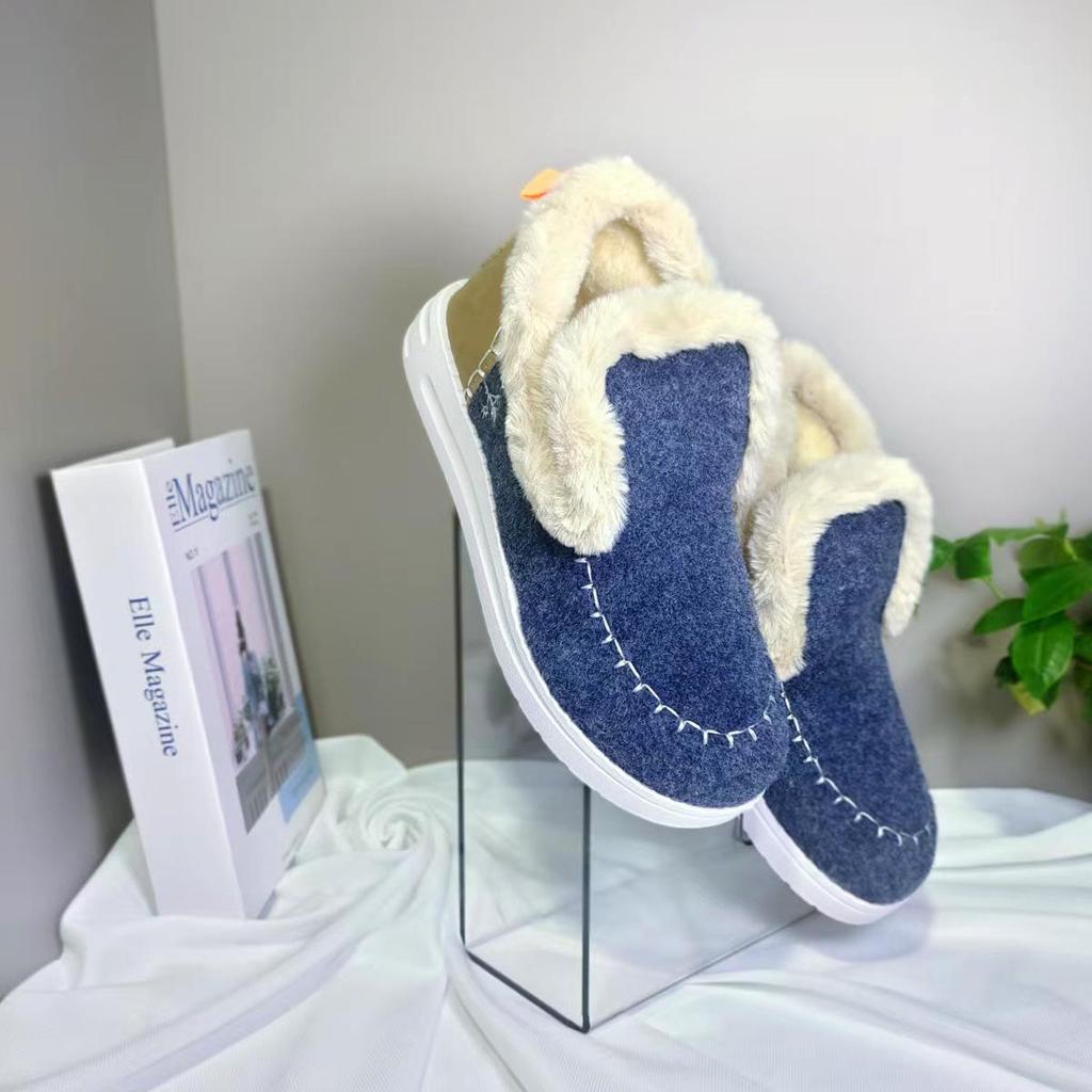 Women's Cross-Border Autumn/Winter Flat Shoes with Plush Fur Trim and Velvet Lining