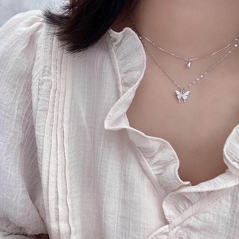 925 Sterling Silver Flash Diamond Butterfly Double Necklace for Women Simple Design Crystal Elegant Wedding Jewelry Gifts