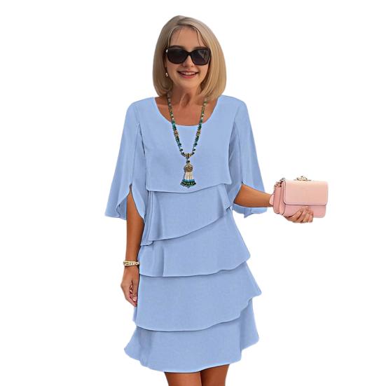 Robe Chiffon à Volants Multicouches pour Femme Manches Longues Col Rond Robe Fluide à Volants Robe Décontractée pour Invité de Mariage