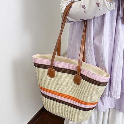 Lightweight Shopping Straw Bag Large Capacity Summer Beach Handbag Stripe Woven Tote Bag  Female