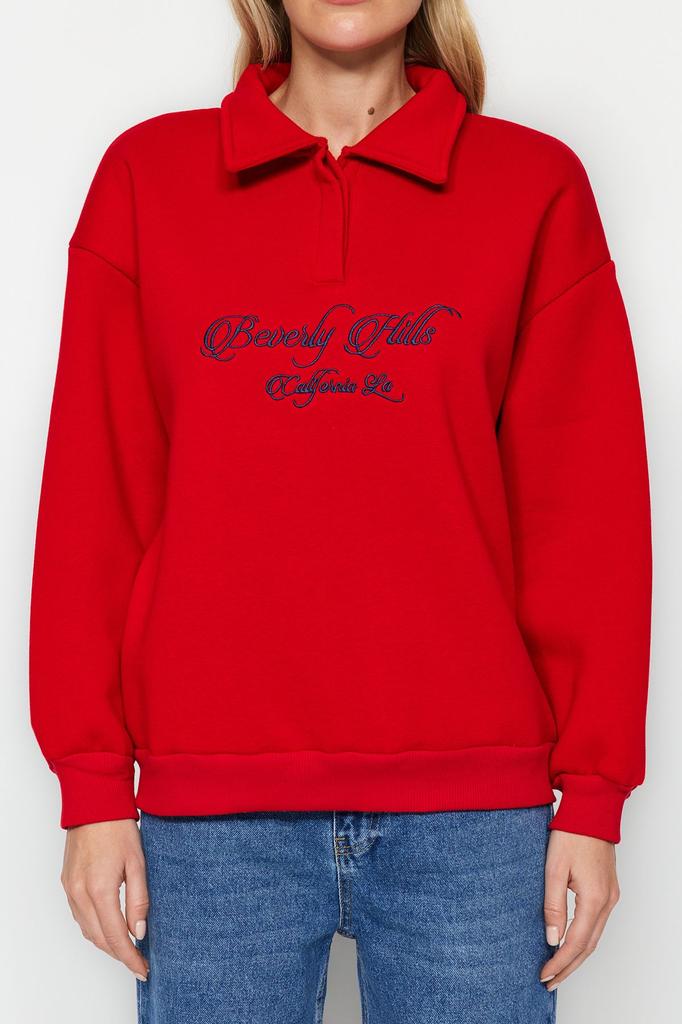 Women's Fashionable Stylish Sweatshirt Emerald Green Shirt Collar Embroidered Regular Fit Thick Inside Fleece Knitted Sweatshirt