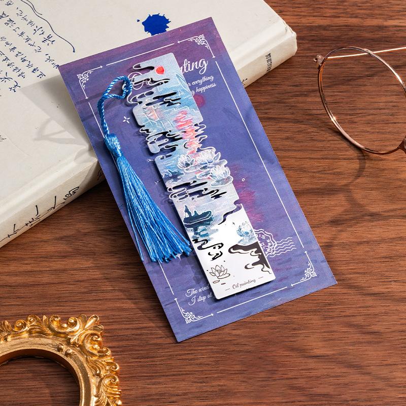 1PC Flower Oil Painting Metal Bookmark Retro Famous Painting Hollow Bookmark With Tassels Student Reading Stationery Gifts