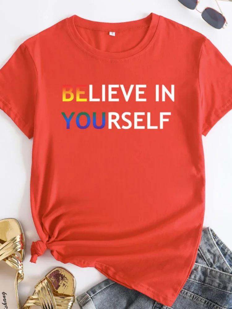 Believe In Youself Colorful Letter Print Women T Shirt Short Sleeve O Neck Loose Tshirt Ladies Tee Shirt Tops Camisetas Mujer