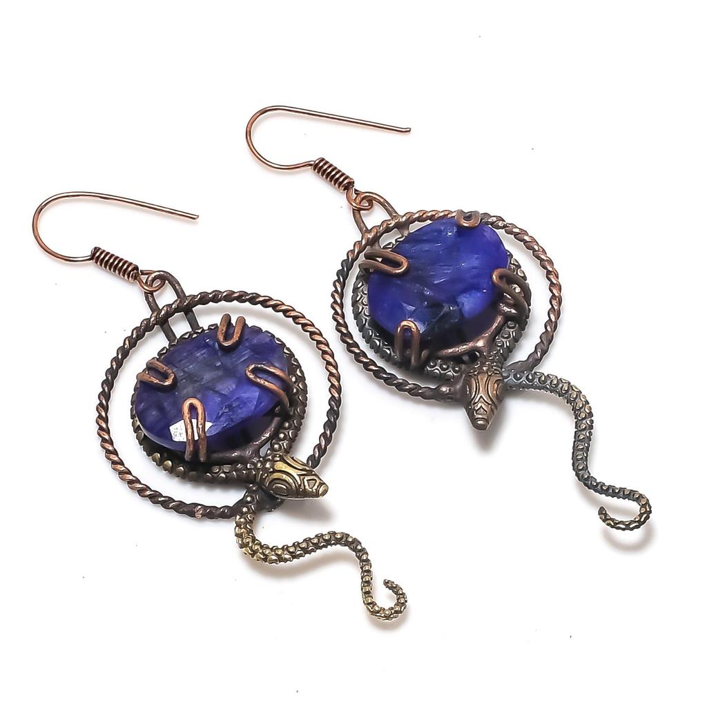 Blue Sapphire Earrings, Handmade Gemstone Earrings, 999 Copper Wire Wrapped Earrings Antique Jewelry, For Engagement Gift