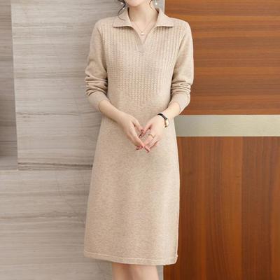 Women's Knitting Sweater Dress Turn Collar Pullover Long Sleeve A Line Dress Casual Solid Patchwork Dresses