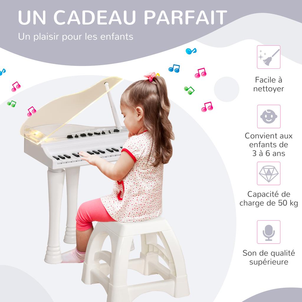 32-Key Kids Piano Keyboard, with Stool, Lights, Microphone, Sounds, Removable Legs - White