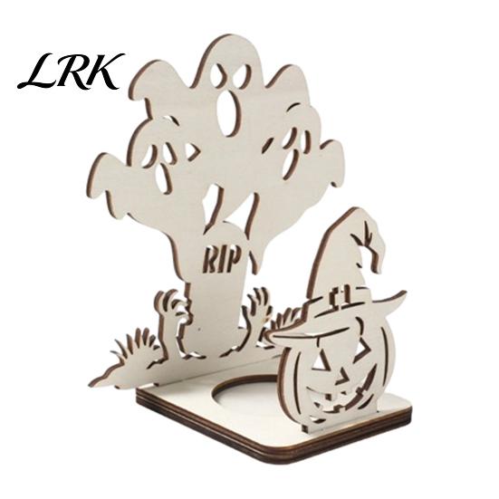 Halloween Candle Holder Holder, Spooky Pumpkin Bat Shadow Tealight Handcrafted Wood Base Vintage Wooden Candlestick Ornament for Party Home