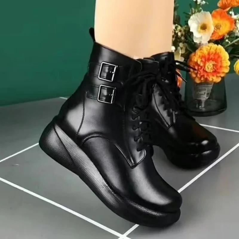 Buty Śniegowe Platformy dla Kobiet Skórzane Wysokie Obcasy Ciepłe Pluszowe Sznurowane Zapinane na Zamek Buty Chunky Damskie Duży Rozmiar Botki