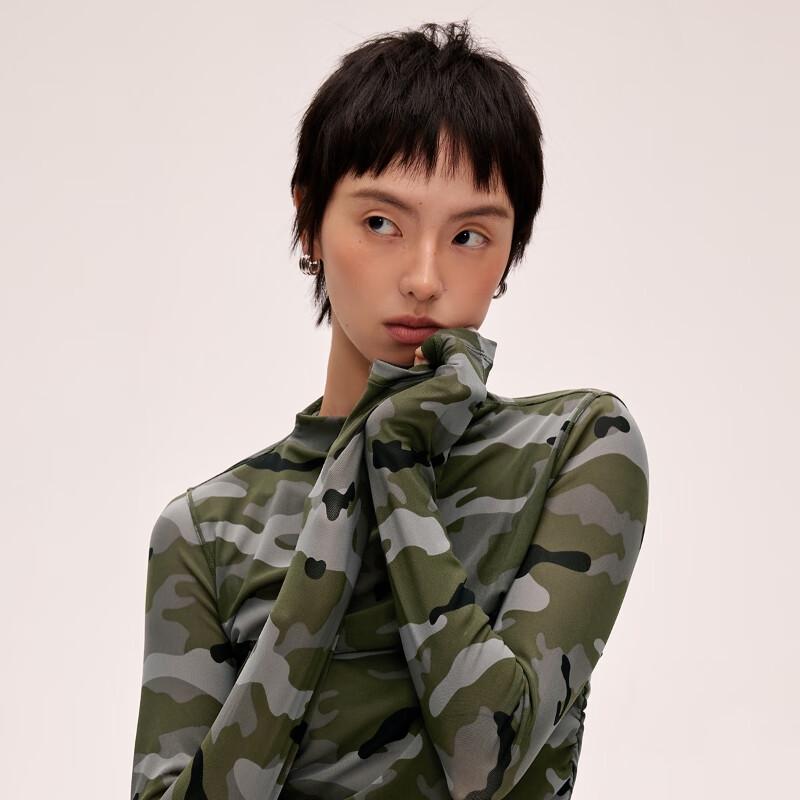 ONLY Women's 2024 Spring Semi-Sheer Camouflage Mock Neck Long Sleeve Tee