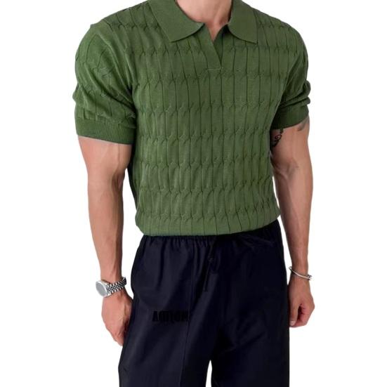 

Мужской топ с отложным воротником и V-образным вырезом, жаккардовый трикотаж, однотонный, с короткими рукавами, свободный, эластичный XL зелёный