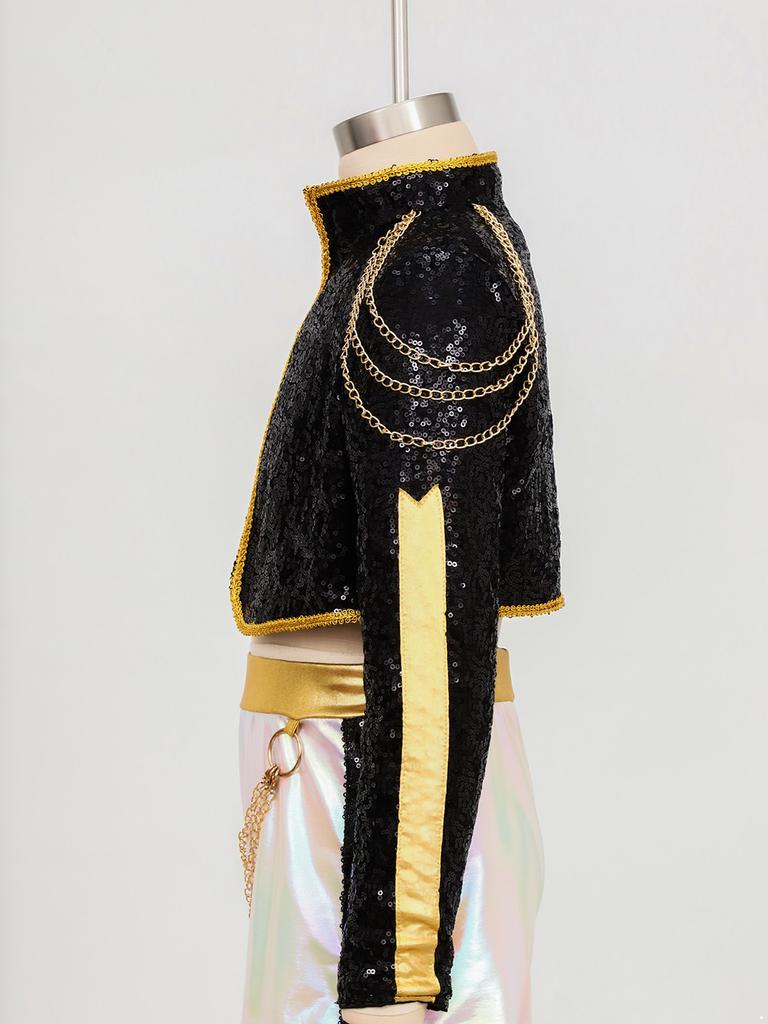 Kinder Mädchen Sänger Cosplay Kostüm Langarm Stehkragen Geflochtene Verzierungen Glänzende Pailletten Oberbekleidung Dekor mit Ketten