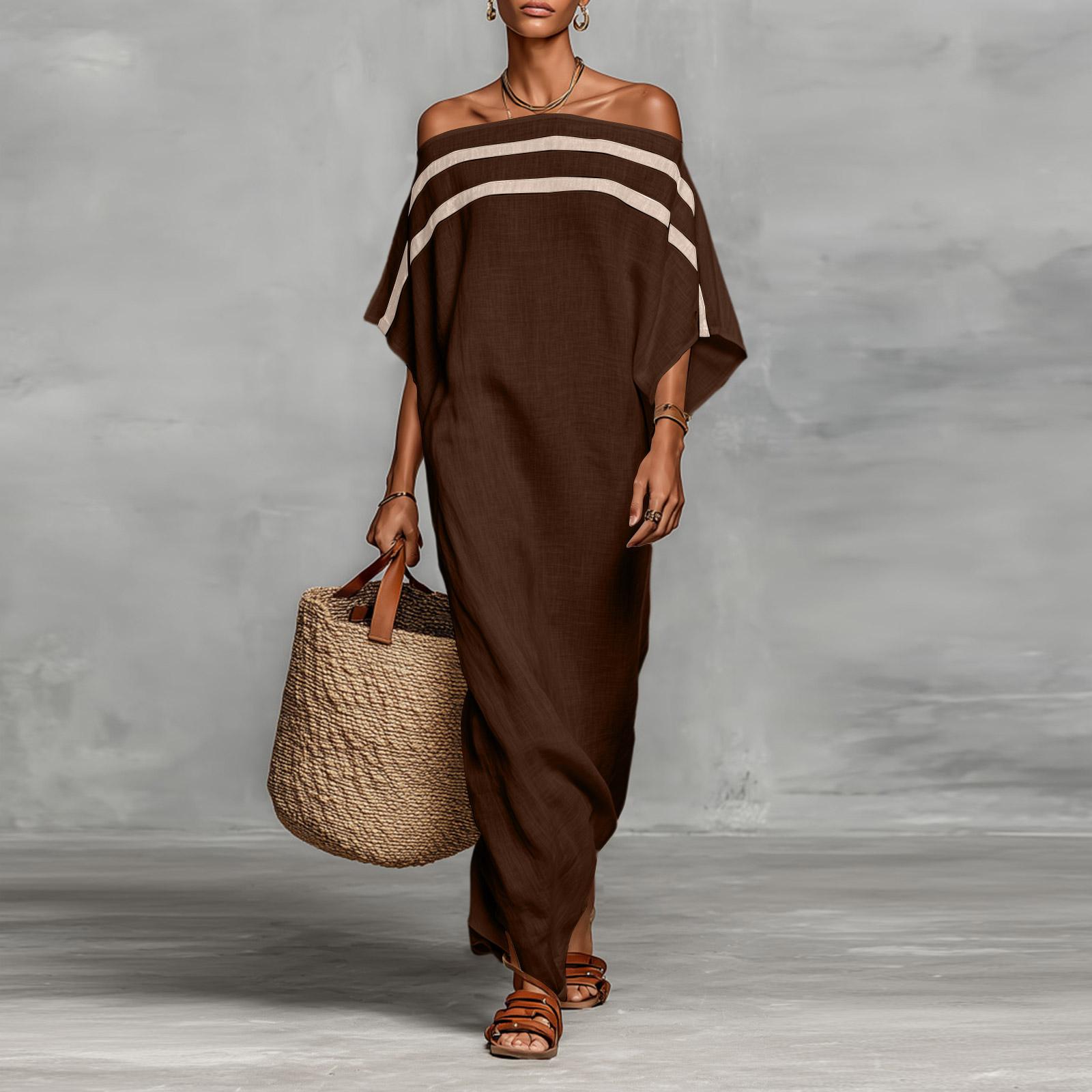 Ladies  Casual And Fashionable Loose Striped Dress M коричневый