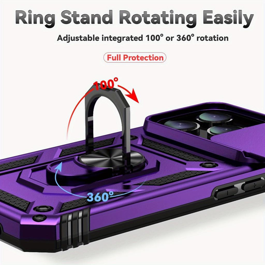 For iPhone 17 16 16e 15 Pro Max 14 Plus 13 12 11 Case Phone Bumper with Clear Tempered Glass Screen Protector Slide Camera Cover Ring Kickstand Holder