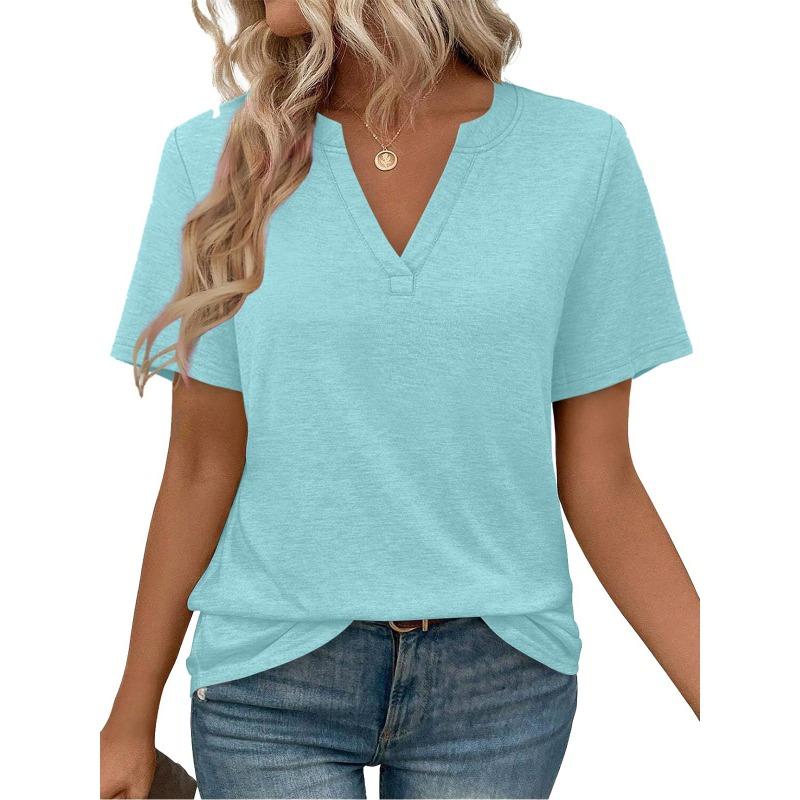 Women Casual Solid Color V Neck Loose Short Sleeve T Shirt Top