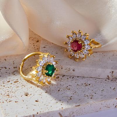 Fashion Sunflower Set Zircon Geometric Ring Light Luxury Copper Plated 18K Real Gold Jewelry Ring