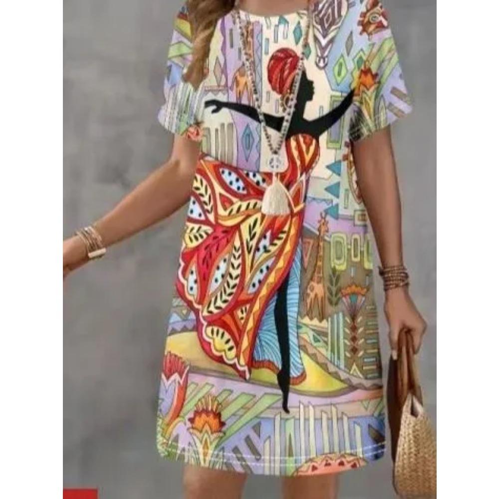 Summer Fashion Comfortable Loose Large Dresses Portrait Pattern 3D Printed Casual Breathable Versatile Round Neck Short Sleeved Women's Dresses