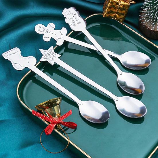 Elegant Table Decor for Parties 4Pcs Christmas Dessert Spoons, Stainless Steel Coffee Spoons with Gingerbread Man Star Stocking Snowman Handle, Unique