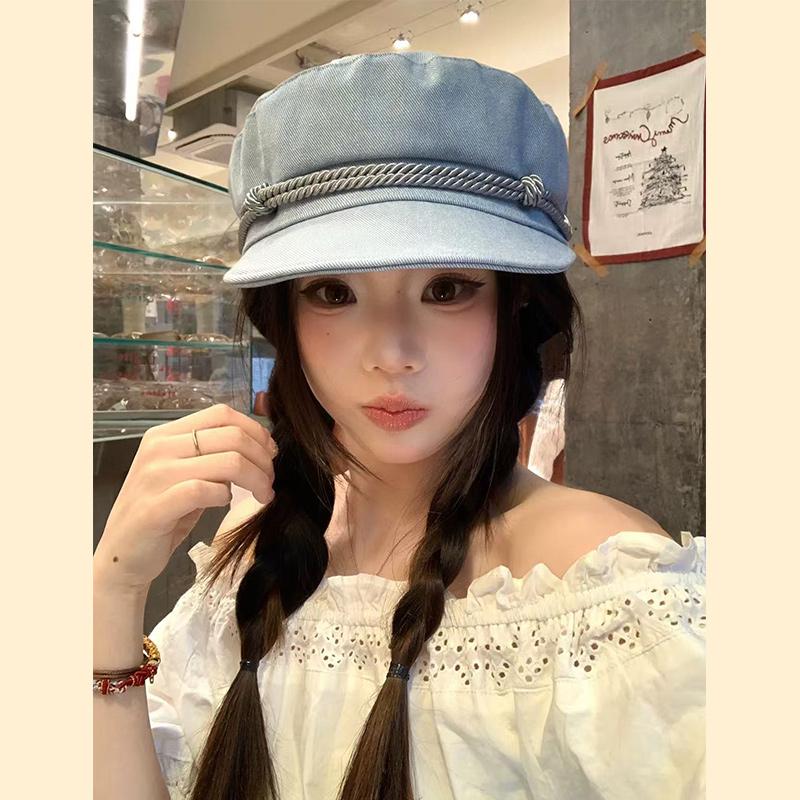 Retro British Style Denim Woven Octagonal Hat For Spring Autumn Korean Ins Artistic Temperament Flat Top Painter Hat Newsboy Hat