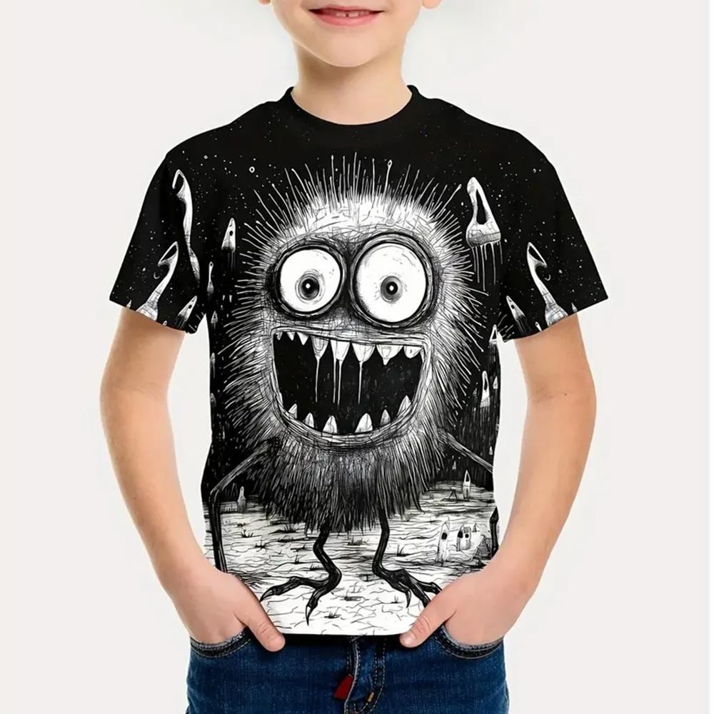 Letní trička pro chlapce s 3D potiskem kreslených obrázků, pohodlná, s kulatým výstřihem, krátkým rukávem, venkovní oblečení pro děti