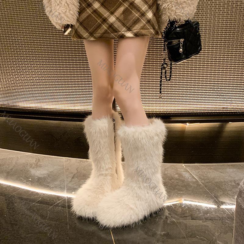 Winter New Women's Faux Fur Furry Snow High Boots Warm Padded Round Toe Casual Shoes Solid Fluffy Mid-Calf Booties for Women