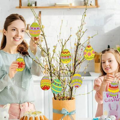 8Pcs Wooden Easter Egg Hanging Decoration Handmade Kids DIY Painting Unfinished Egg Ornament Holiday Party Decor Pendant