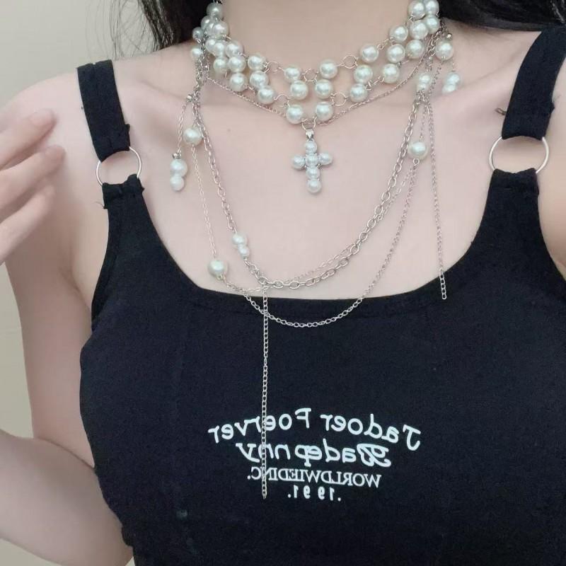 Handmade Layered Pearl Cross Pendant Necklace Women French Vintage Chic Collarbone Chain Alloy Charm 61-70cm Adjustable Multi-layer Pearl Beaded Cross Necklace 2025-564