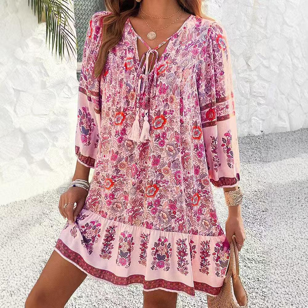 Abito Chemisier Stampato Scollo a V Bohemian Primavera/Estate 2025 per Donna