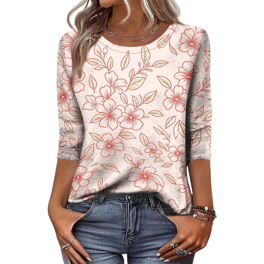 Damen Casual Oberteil mit Dreiviertelärm, Blumenprint, Rundhalsausschnitt, Lockerer Schnitt, Leichter Pullover-Bluse für den täglichen Gebrauch