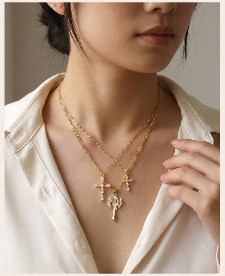 Elegant French Vintage Cross Necklace with Zircon for Women, Gold Plated Baroque Crucifix Thin Link Chain Religious Gift