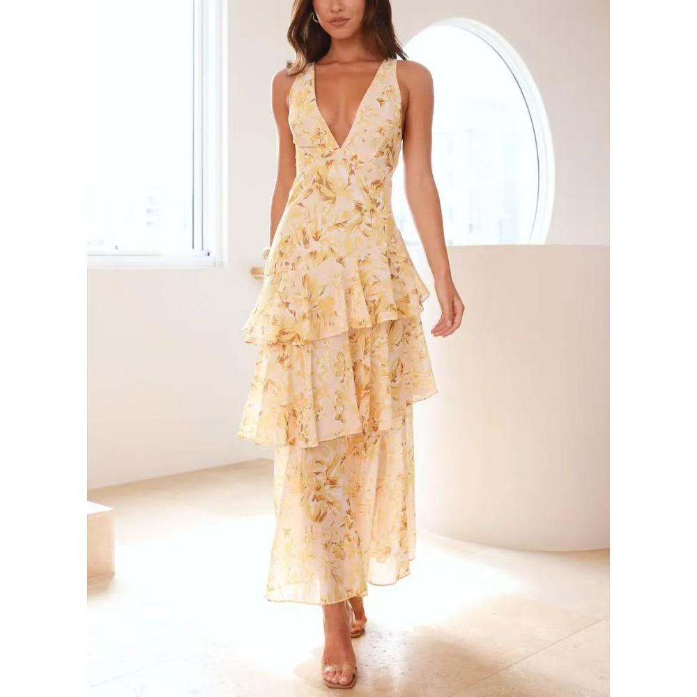 Dames V-hals Mouwloze Bloemenprint Maxi Jurk Middelhoge Taille Elegante Ruche Jurk