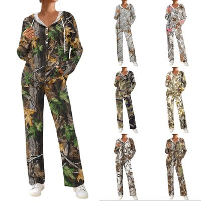 Women's Casual Hooded Pajama Set with V-Neck, Long Sleeves, Loose Fit, Print and Pockets for and Sleep