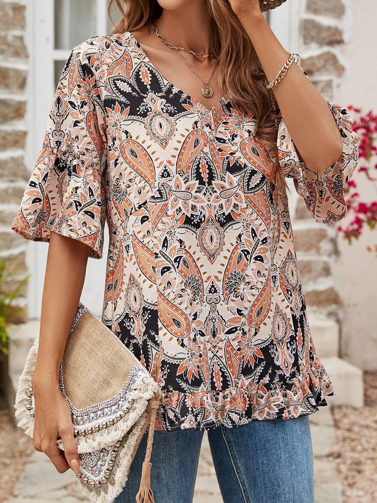 Fashion Women's Tropical Floral Printed V-neck Short Sleeved Casual Shirt with Edging Loose T-shirts