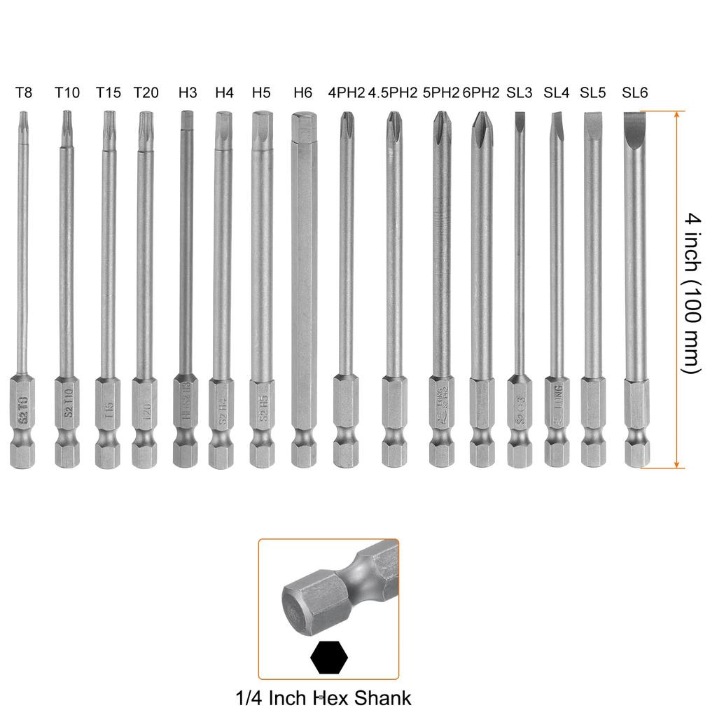 Uxcell Screwdriver Bit PH2 S2 Hex Magnetic Slotted Phillips Hex Torx Power Drill Bits 16-Piece Set, SL3/4/5/6, H3/4/5/6, (4/4.5/5.0/6.0), Steel, 1/4"