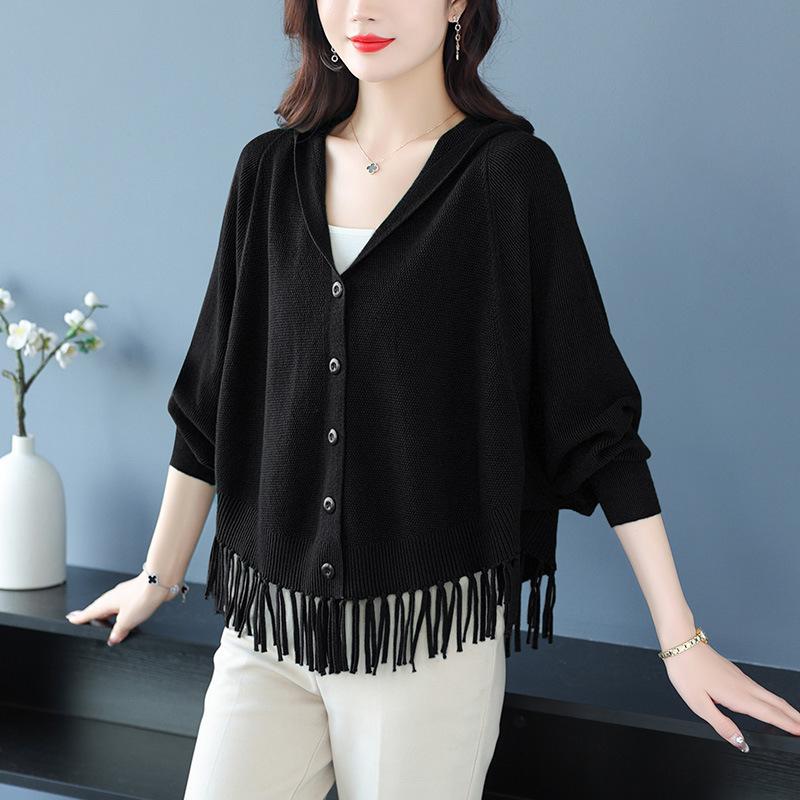 

Ленивый ветер бахрома вязаная куртка-свитер женская осенняя однотонная повседневная большого размера летучая мышь с капюшоном свитер свободный кардиган женский 411-284 (average size) чёрный