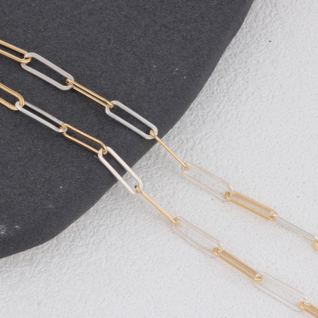 Luxury Plain 14K Gold Filled + S925 Silver Flat Rectangle Link Chain Two Tone Mixed Metal Paperclip Chain Jewelry Accessories