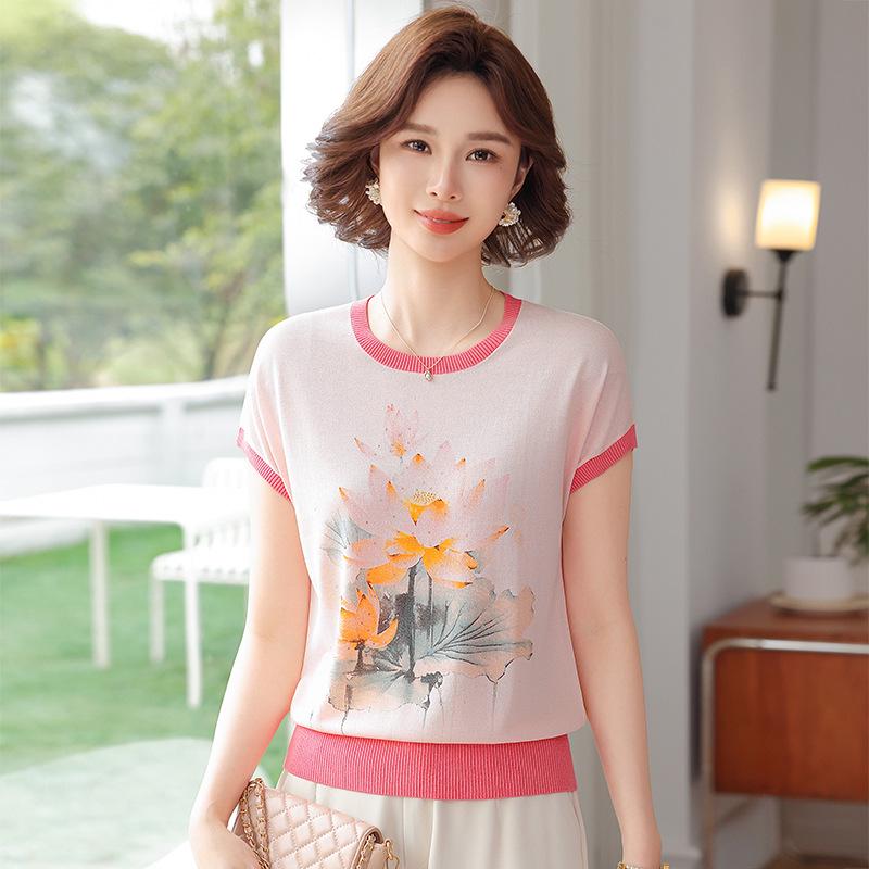 

2026 Summer Ice Silk Knit Top for Middle-Aged & Elderly Women – Stylish Short-Sleeve T-Shirt XL (Recommended 100-110 Jin) розовый