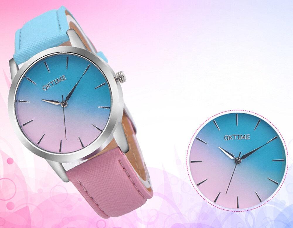 Elegant Women Rainbow Design Analog Quartz Sport Wrist Watch With Artificial Leather Band