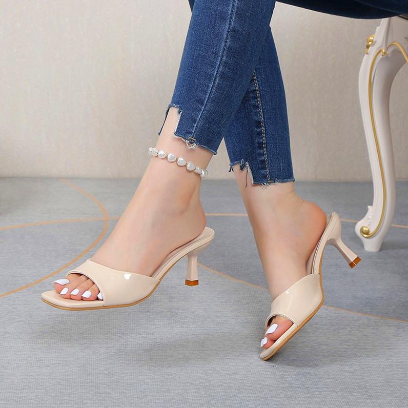 Square head thin heel fish mouth fashion sandals wish new one-character open-toed high-heeled slippers women's summer large size