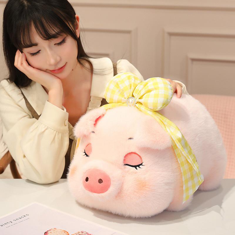 Plush Pig Head & Brain Bowknot Pillow - Adorable Pig Shaped Cushion for Girls' Beds and Sofas