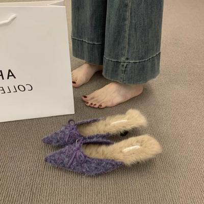 Temperamento francês bolsa de pelúcia cabeça meio chinelos preguiçosos um pedal sapatos muller de bico fino sapatos de pelúcia roupa de mulher para exterior inverno